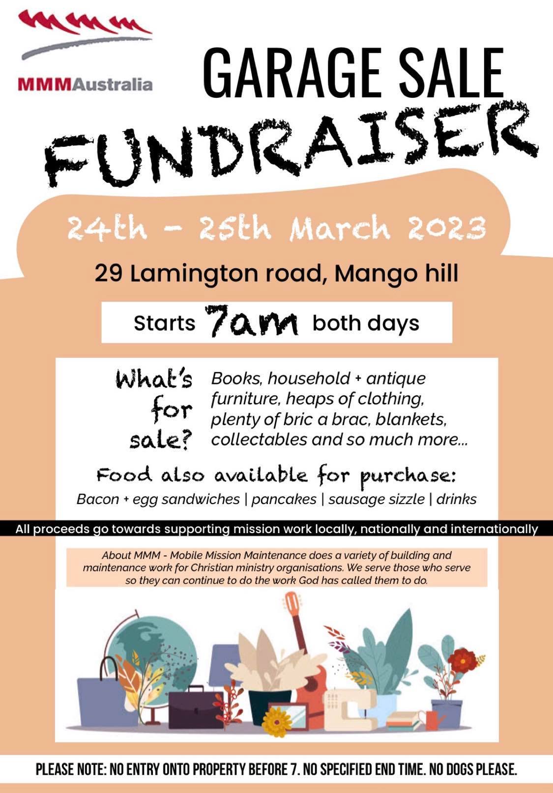 MMM Australia Garage Sale Fundraiser 24th to 25th March 2023 at 29 Lamington Road, Mango Hill QLD starts 7am